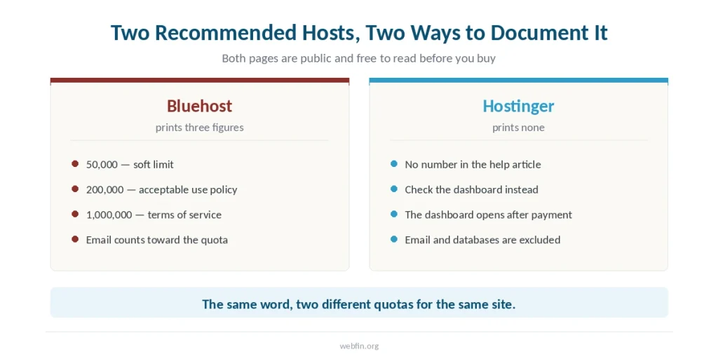 Side-by-side panels showing Bluehost publishing three inode figures and Hostinger publishing none