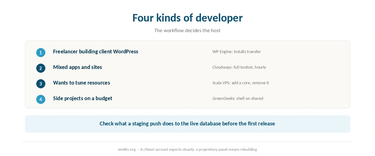 Decision card matching four kinds of developer to the host that fits