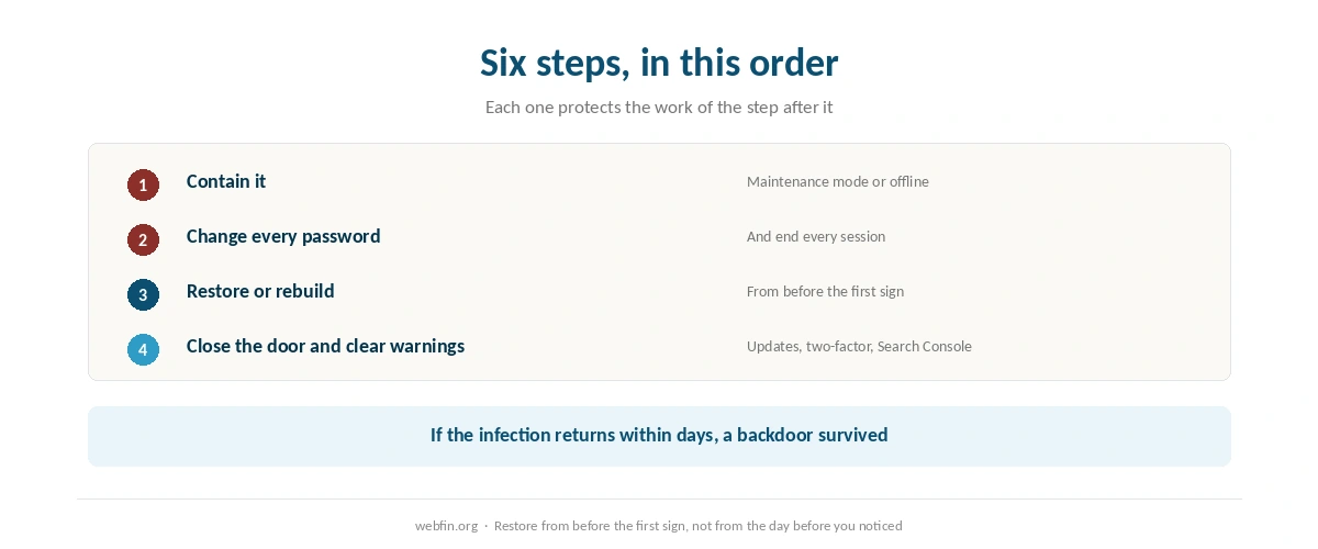 The order of steps for recovering a hacked website so the attacker cannot return