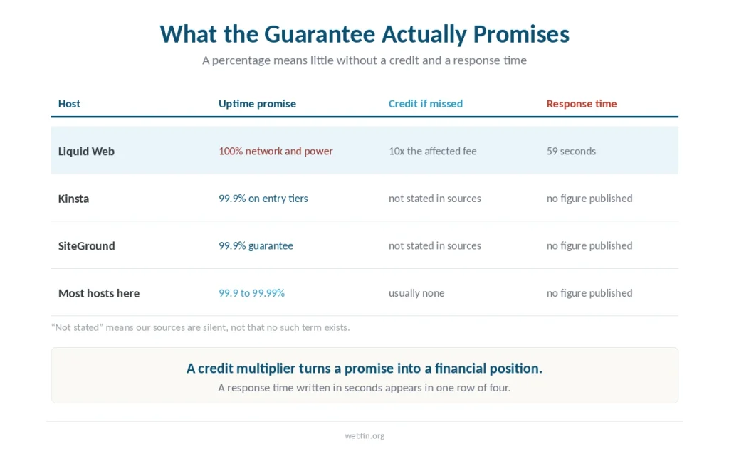 Table comparing uptime promises, credit terms and response-time commitments across hosts reviewed here