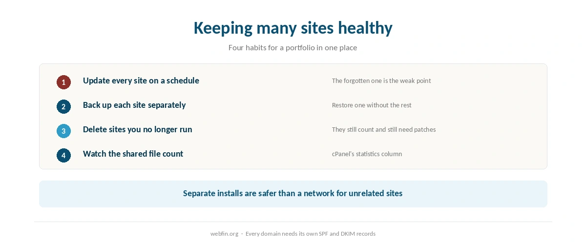 Checklist for keeping several sites updated, backed up and separately recoverable